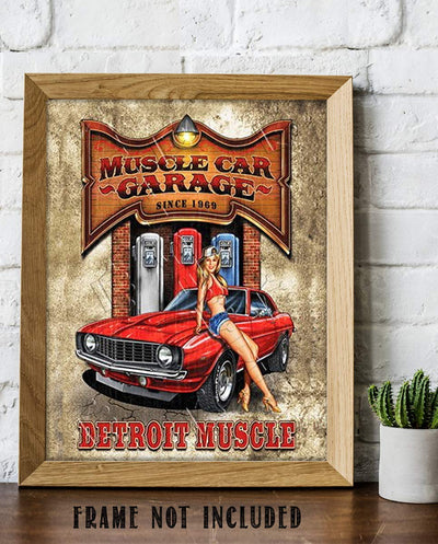 Muscle Car Garage- Detroit Muscle Funny Vintage Garage Sign Print- 8x10 Retro Wall Decor- Ready To Frame. Rustic Sign Replica Print. Great Mens Gift-Office Decor. Great for Man Cave-Garage-Mechanics