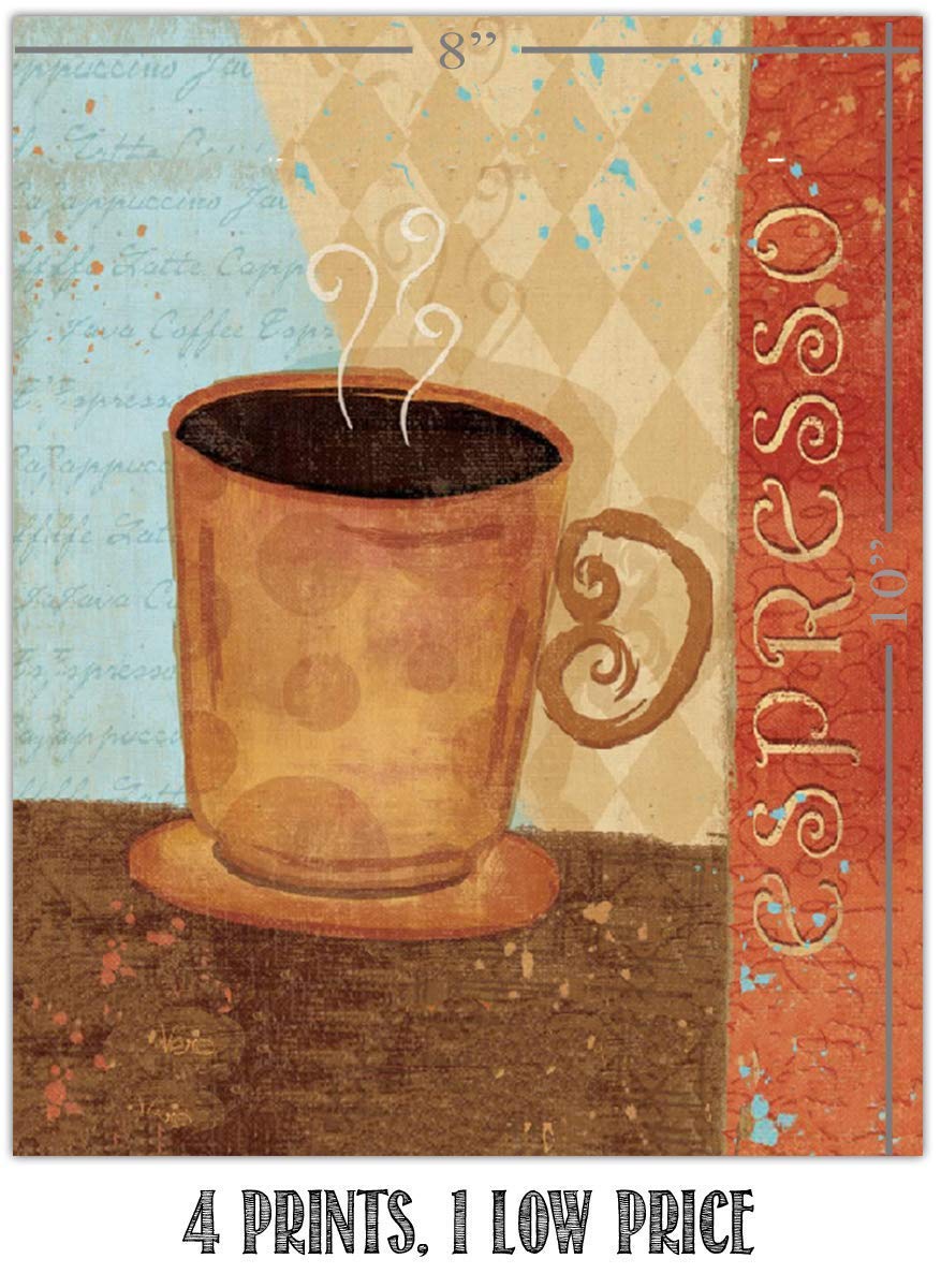 Coffee Fine Art Wall Set of (4)- 8 x 10"s Wall Art Prints- Ready to Frame. Latte, Espresso, Cappuccino &amp; Mocha Home D?cor, Coffee Decor &amp; Kitchen Wall Decor. Perfect For Coffee Lovers &amp; Coffee Bars.