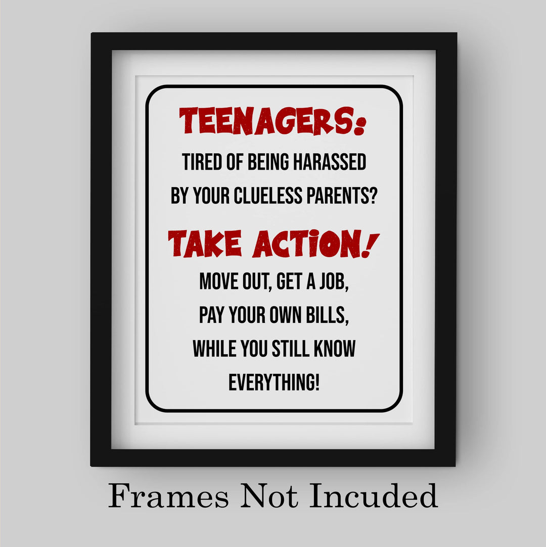 "Teenagers-Take Action, Get a Job" Funny Family Wall Sign -Sarcastic Art Print -Ready to Frame. Humorous Decoration for Home-Kids Bedroom-Teen Decor. Fun Gift -Accessories for Parents!