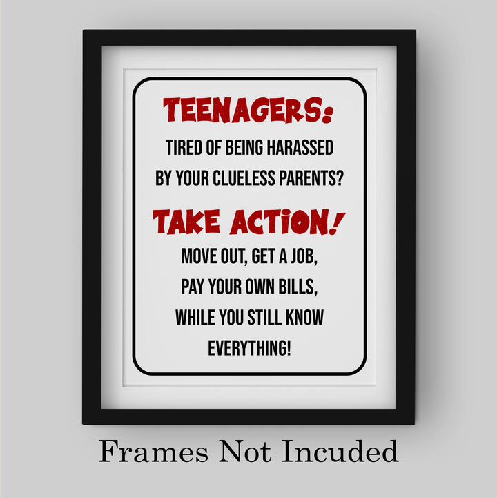 "Teenagers-Take Action, Get a Job" Funny Family Wall Sign -Sarcastic Art Print -Ready to Frame. Humorous Decoration for Home-Kids Bedroom-Teen Decor. Fun Gift -Accessories for Parents!