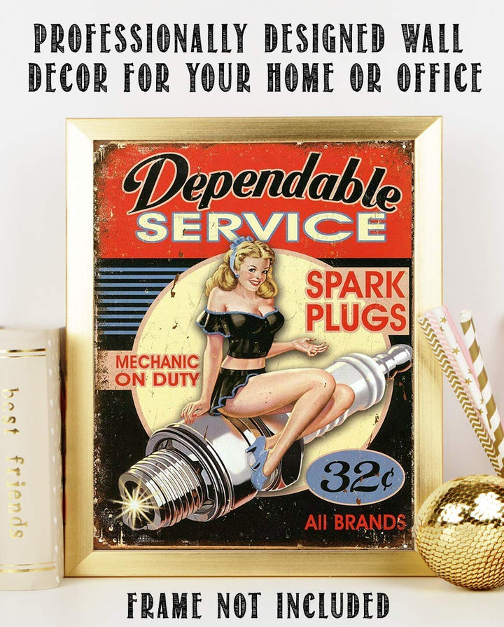 Dependable Service-Spark Plugs-32?- Vintage Garage Sign Print-8 x10" Retro Wall Decor-Ready To Frame. Distressed Sign Replica Print. Great Mens Gift Home-Office Decor. Great for Man Cave-Shop.
