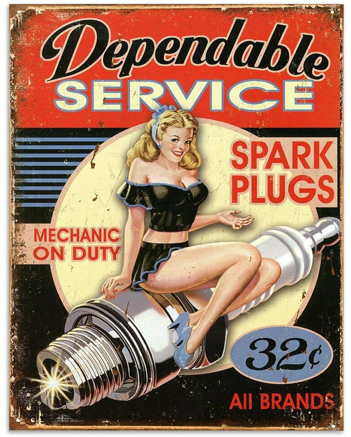 Dependable Service-Spark Plugs-32?- Vintage Garage Sign Print-8 x10" Retro Wall Decor-Ready To Frame. Distressed Sign Replica Print. Great Mens Gift Home-Office Decor. Great for Man Cave-Shop.