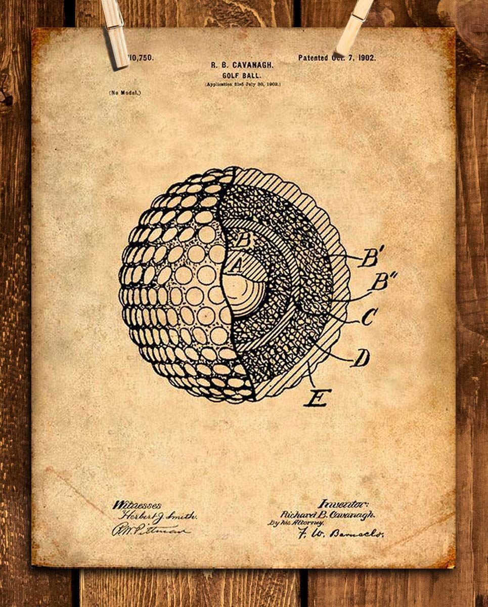 Golf Ball-Patent Print- 8 x10" Golf Wall Art Decor- Parchment Prints Replica- Ready To Frame. Golf Gifts- Home Decor- Office Decor. Great for Man Cave, Club House, Bar or 19th Hole.