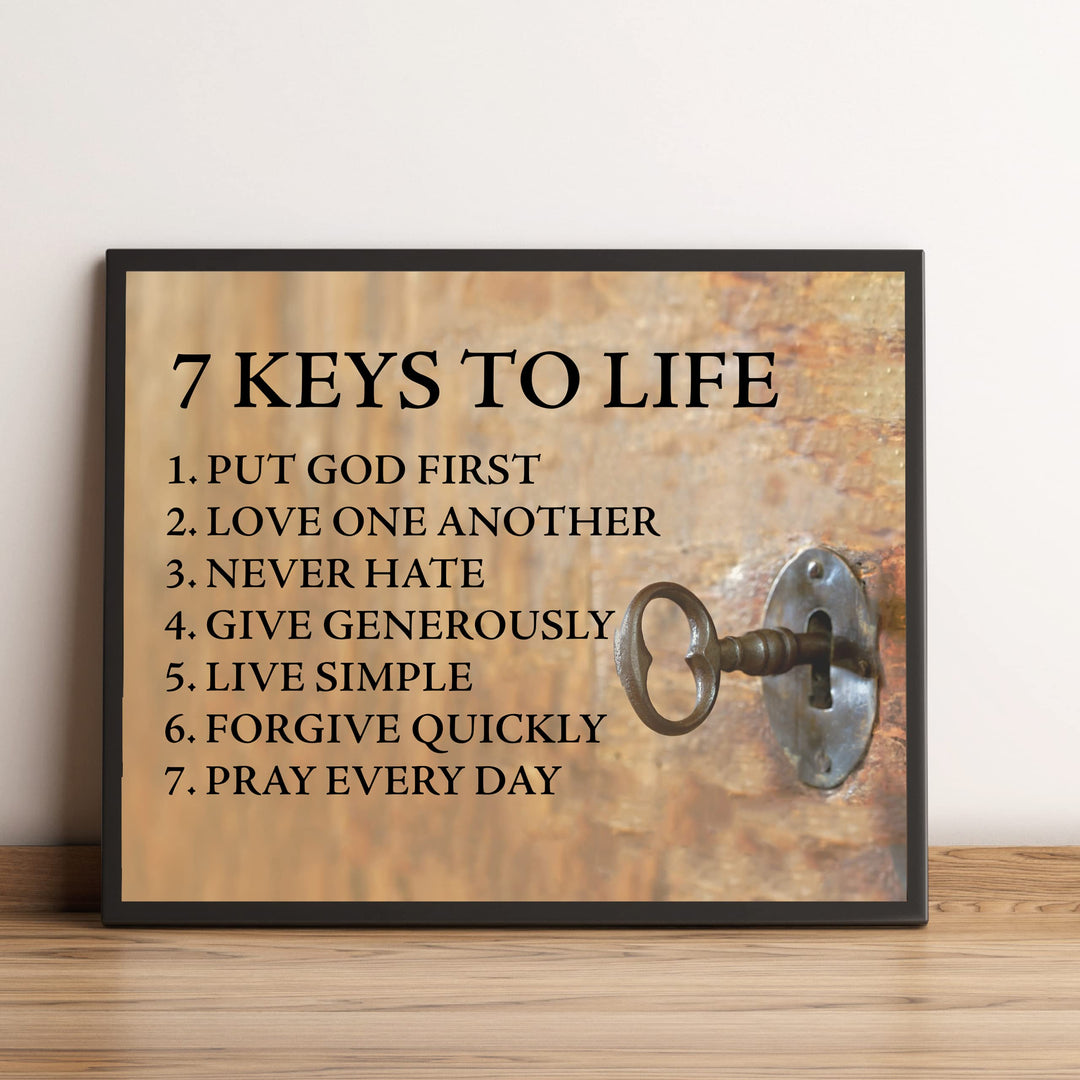 "7 Keys to Life" Inspirational Quotes Wall Sign -8 x 10" Motivational Christian Poster Print -Ready to Frame. Vintage Decor for Home-Office-Classroom-Church. Perfect Life Lessons for All!