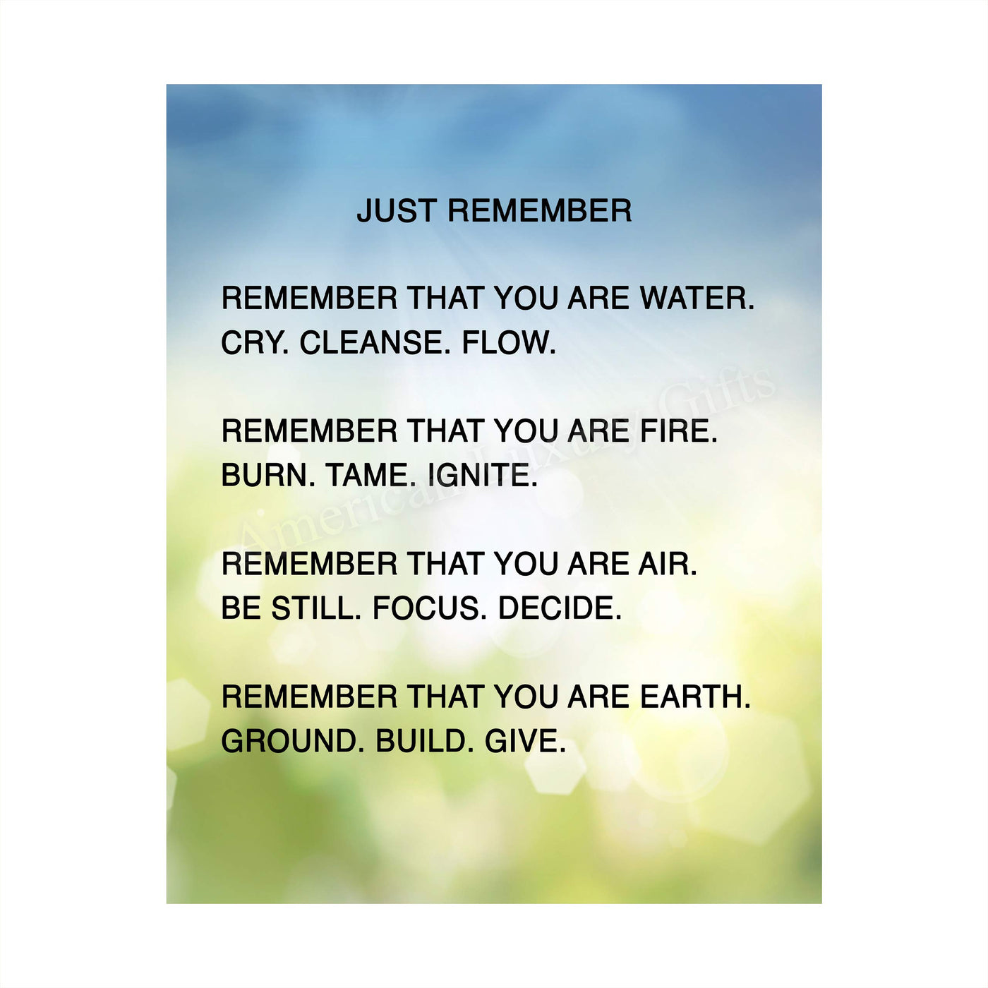 Remember That You Are Water-Fire-Air-Earth Inspirational Quotes Wall Art -8x10" Modern Spiritual Poster Print-Ready to Frame. Positive Home-Office-Desk-School Decor. Great Reminders for Motivation!