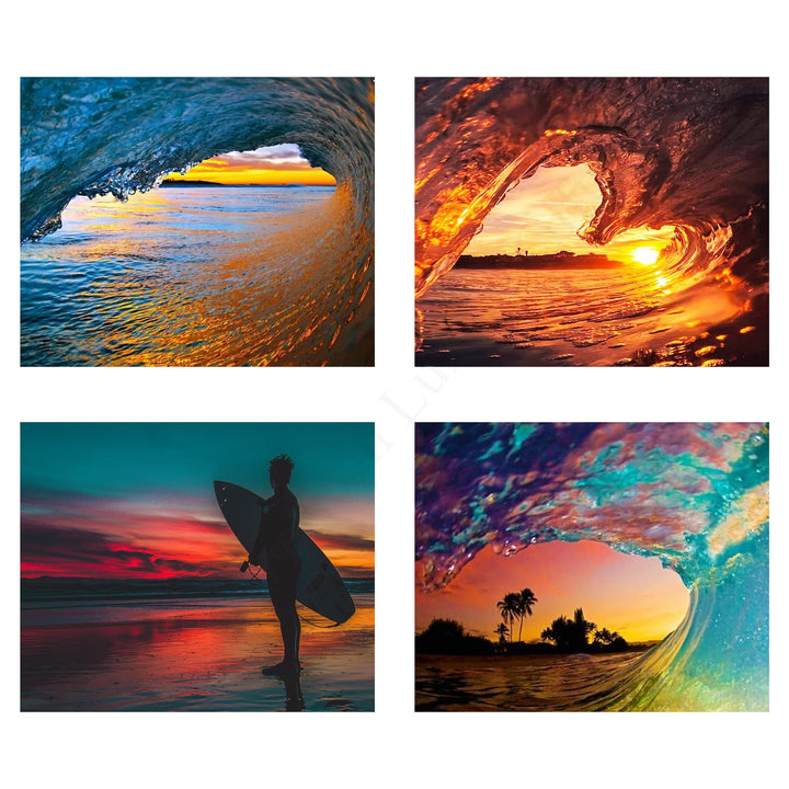 Works of Art Waves with Sunset Surfer-4 Picture Set of 8 x 10?s- Art Image Print Ready to Frame. Modern Home D?cor, Office D?cor &amp; Wall Prints for Beach, Ocean and Surfing Themes. Makes a Perfect Gift