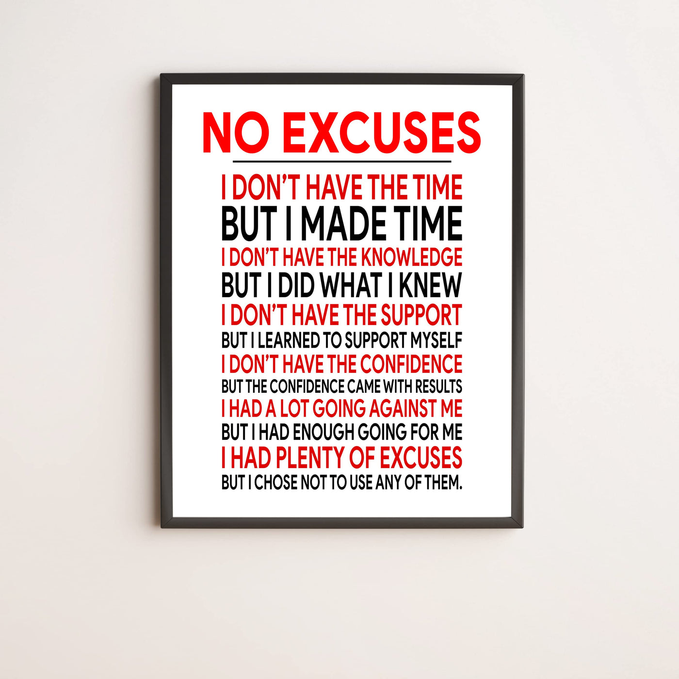 No Excuses Motivational Exercise Wall Art Sign -11 x 14" Inspirational Fitness Poster Print -Ready to Frame. Perfect Decoration for Home-Gym-Weight-Locker Room Decor. Great Gift of Motivation!