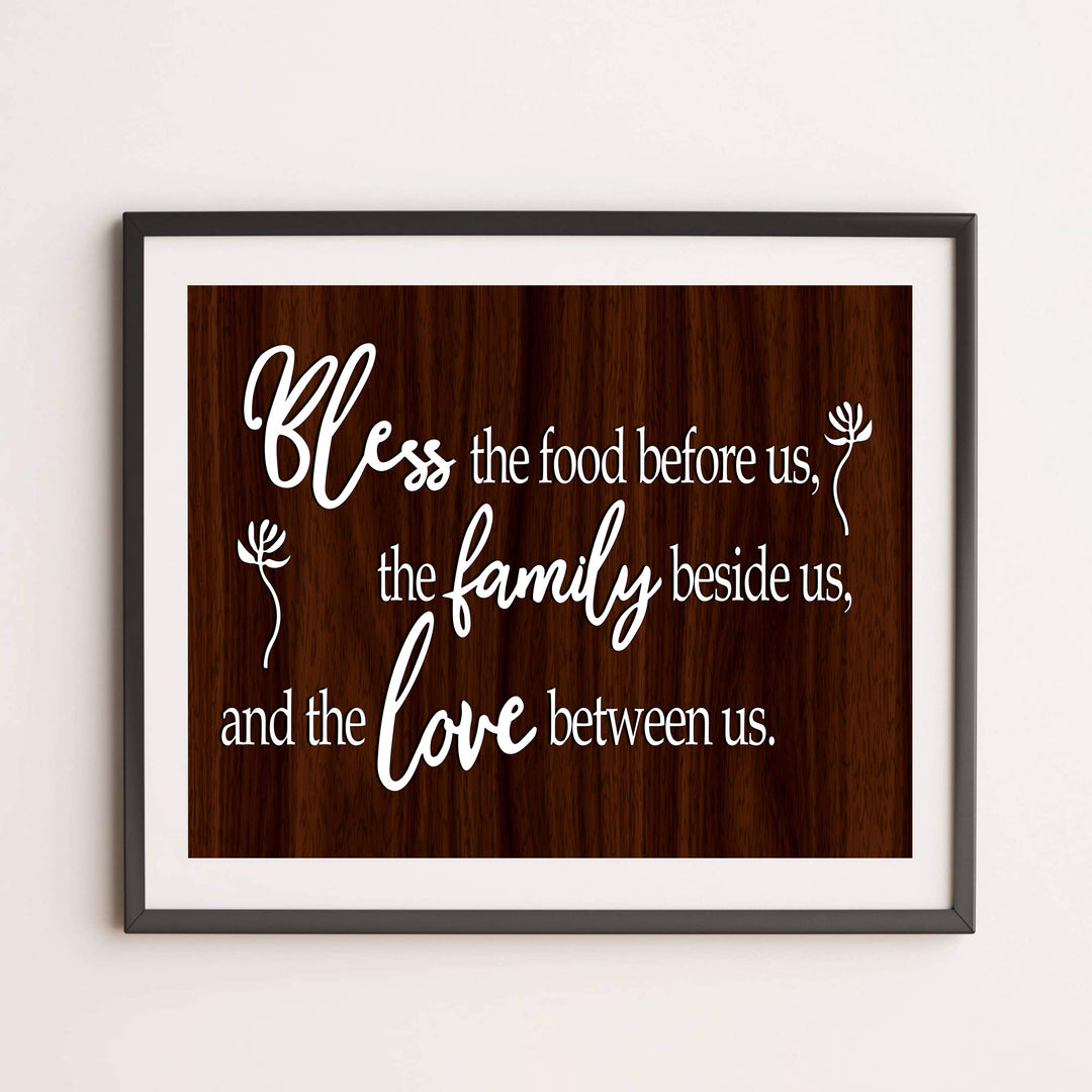 Bless the Food Before Us-Family Beside Us Christian Prayer Wall Art -14 x 11" Rustic Kitchen Print-Ready to Frame. Inspirational Wall Decor w/Replica Wood Design. Perfect Home &amp; Dining Room Decor!