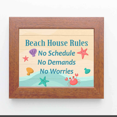 Beach House Rules-No Schedules, Demands, Worries Fun, Rustic Vacation Sign -10 x 8" Typographic Wall Print w/Replica Wood Design-Ready to Frame. Home-Cabin-Beach-Nautical Decor. Printed on Paper.