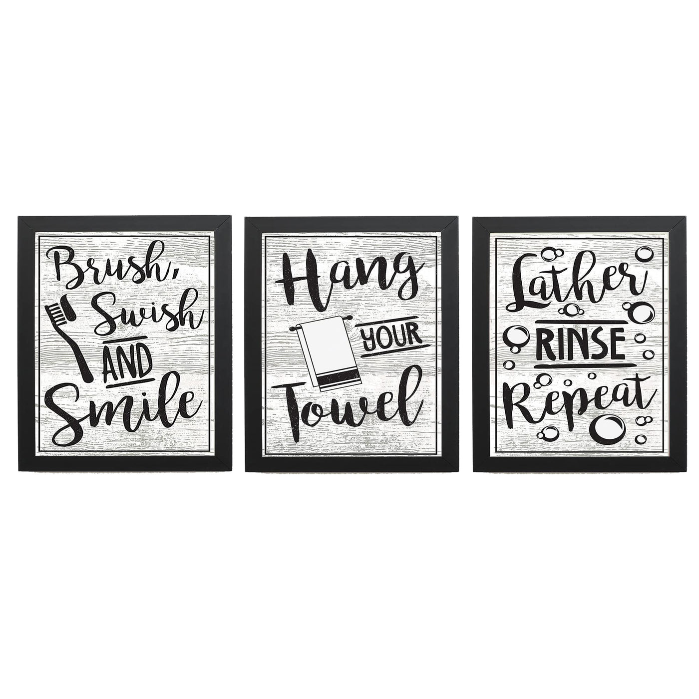 Bathroom"Procedures" Fun Bath Decor Set (3) 8 x10"s Wall Decor. Modern Typographic Wall Prints-Ready To Frame."Brush-Lather-Hang Towel"-Wood Sign Replicas. Perfect Reminders For Kids-Guest Bath.