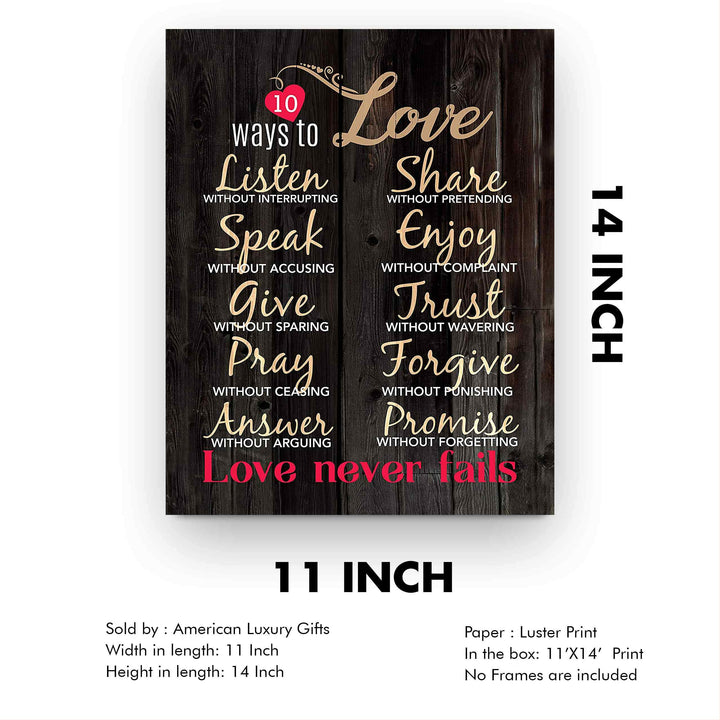 10 Ways To Love Inspirational Wall Art Decor -11 x 14" Love &amp; Marriage Print w/Replica Wood Design-Ready to Frame. Romantic Gift &amp; Perfect Wedding Sign. Love Never Fails! Printed on Paper-Not Wood.