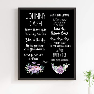 Johnny Cash-Greatest Hits Wall Art Sign -11 x 14" Song Titles Floral Poster Print -Ready to Frame. Rustic Decor for Home-Studio-Bar-Dorm-Cave. Great Gift for All Country Music Fans!