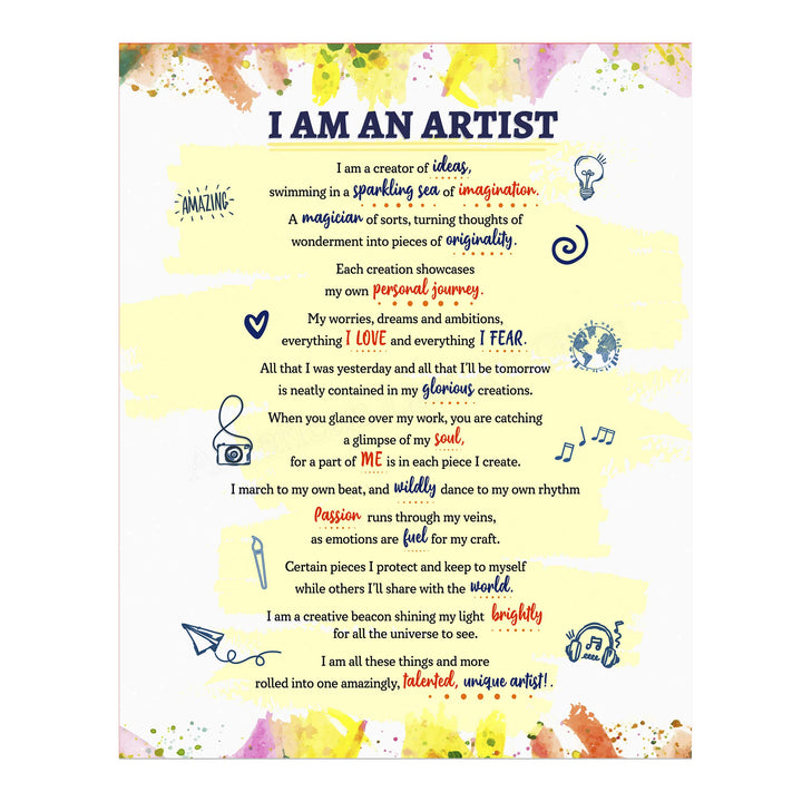 I Am An Artist-A Creator of Ideas Inspirational Quotes Wall Art Sign -11 x 14" Abstract Art Print -Ready to Frame. Home-Office-Studio-Dorm Decor. Perfect Classroom Sign! Great Gift for Artists!