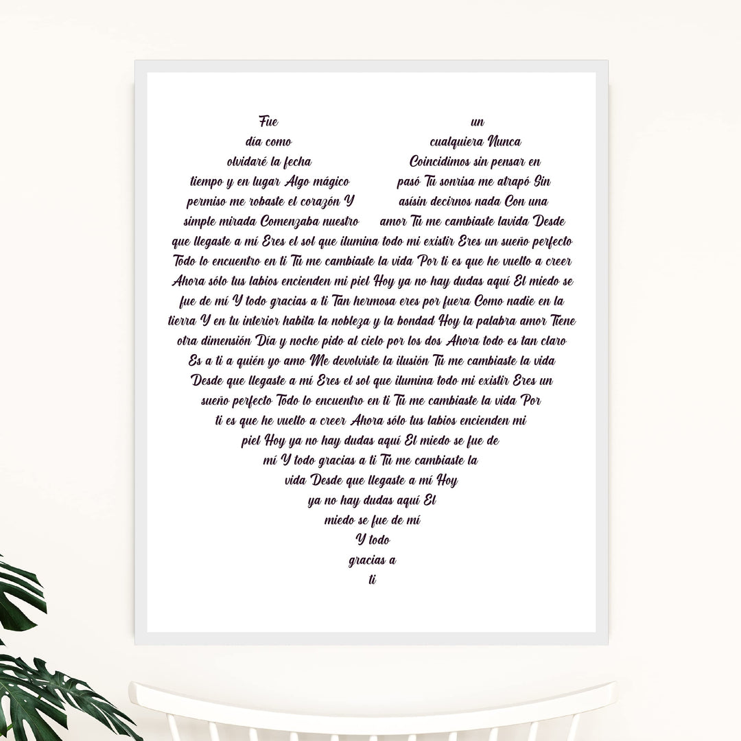 "Tu Me Cambiaste La Vida" Spanish Love Song Wall Art -11 x 14" Romantic Music Lyrics Wall Print -Ready to Frame. Loving Home-Bedroom-Studio Decor. Cute Gift for Couples &amp; Valentines!