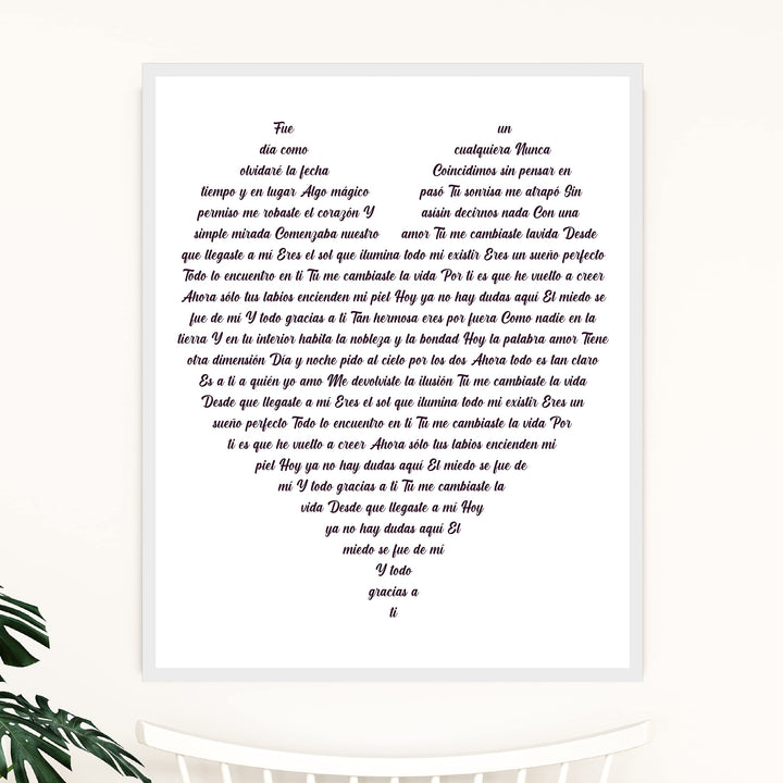 "Tu Me Cambiaste La Vida" Spanish Love Song Wall Art -11 x 14" Romantic Music Lyrics Wall Print -Ready to Frame. Loving Home-Bedroom-Studio Decor. Cute Gift for Couples &amp; Valentines!