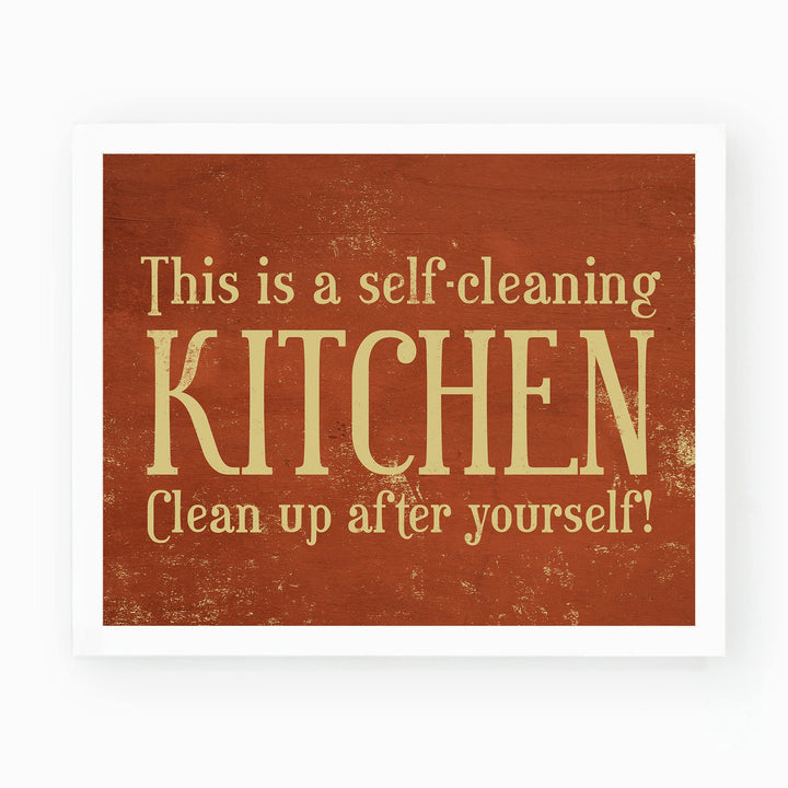 This Is a Self-Cleaning Kitchen Funny Rustic Wall Sign -10x8" Country Farmhouse Art Print w/Replica Wood Design-Ready to Frame. Humorous Home-Kitchen-Office Decor. Fun Gift! Printed on Photo Paper.