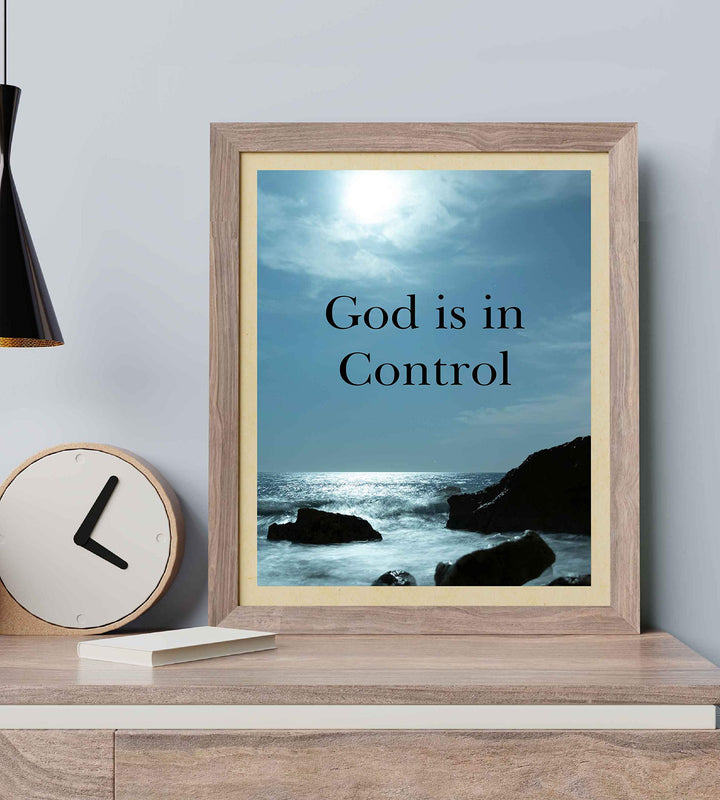 God Is In Control?-Inspirational Christian Wall Art-8 x 10 Typographic Print with Ocean Photo-Ready to Frame. Religious Decor for Home-Office-Church. Great Spiritual Gift &amp; Reminder to Have Faith!