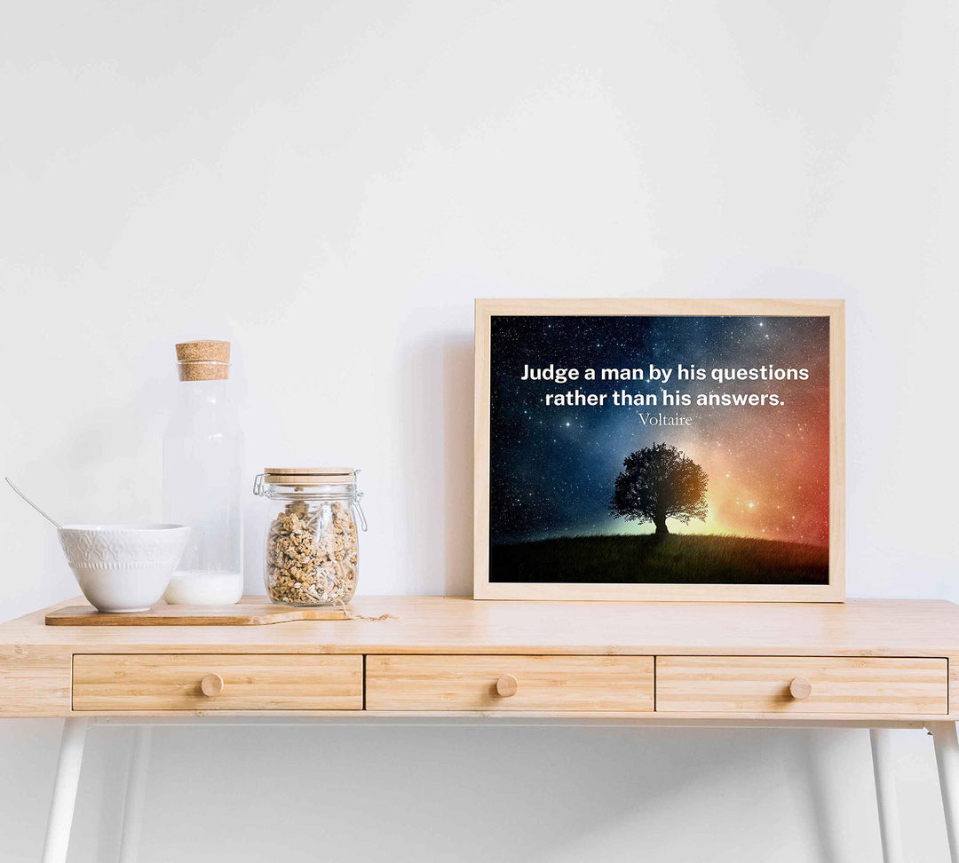 Voltaire Quotes Wall Art-"Judge A Man By His Questions"-10x8" Starry Night Typographic Print-Ready to Frame. Inspirational Home-Office-Classroom-Library Decor. Great Gift of Philosophy &amp; Inspiration!