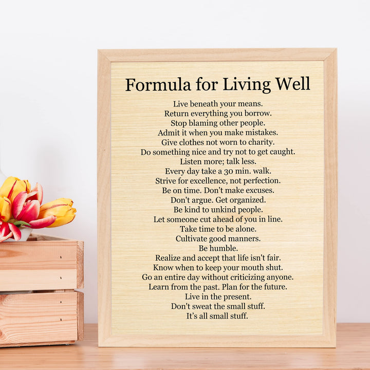 Formula for Living Well- Motivational Life Quotes Wall Art Sign -11 x 14" Modern Inspirational Typography Print -Ready to Frame. Positive Home-Office-Classroom Decor. Great Gift to Inspire Success!