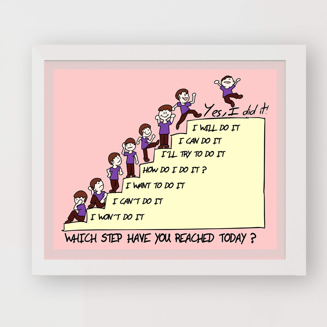 Which Step Have You Reached Today Motivational Classroom Wall Decor -10 x 8" Typographic Cartoon Art Print-Ready to Frame. Inspirational Home-Office-Desk-School Decor. Great Gift for All Teachers!