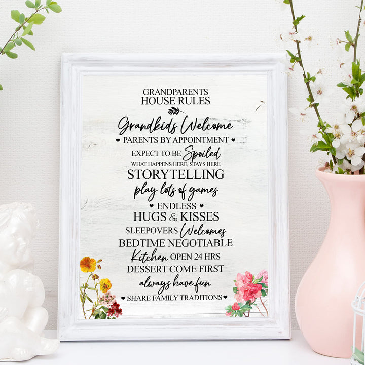 Grandparents House Rules Family Wall Art -11 x 14" Funny Typographic Poster Print-Ready to Frame. Inspirational Floral Decoration Home-Kitchen-Farmhouse Decor. Perfect Gift for Grandma &amp; Grandpa!