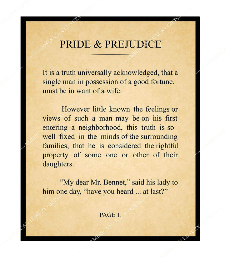 Pride and Prejudice-Chapter 1 Book Page Print-11 x 14" Literary Wall Art Quotes w/Replica Distressed Parchment Design-Ready to Frame. Inspirational Wall Decor for Home-Office-Study-Library!
