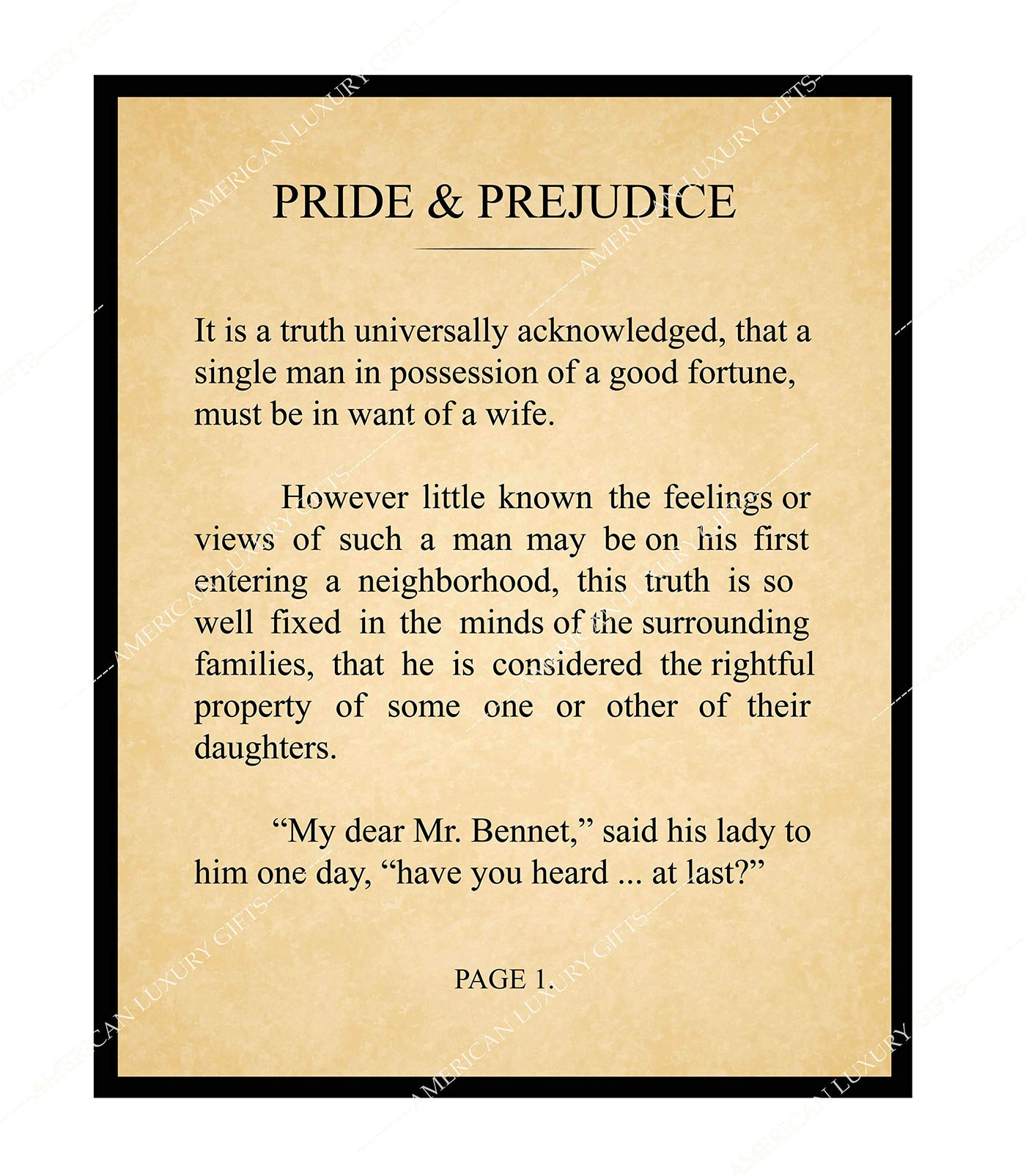 Pride and Prejudice-Chapter 1 Book Page Print-11 x 14" Literary Wall Art Quotes w/Replica Distressed Parchment Design-Ready to Frame. Inspirational Wall Decor for Home-Office-Study-Library!