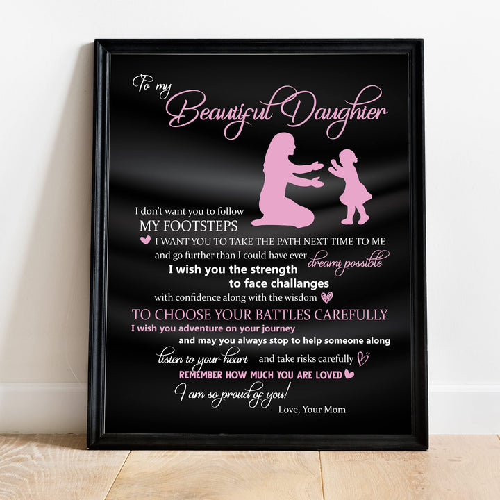 To My Beautiful Daughter -So Proud of You Inspirational Family Wall Art -11 x 14" Rustic Mom &amp; Daughter Silhouette Print -Ready to Frame. Home-Bedroom Decor. Loving, Keepsake Gift for All Daughters!
