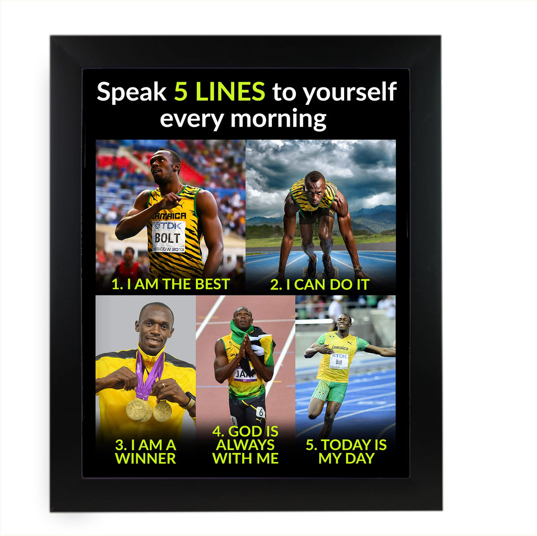 Usain Bolt Quotes-"Speak 5 Lines to Yourself Every Morning"-Motivational Wall Art-11 x 14" Inspirational Track &amp; Field Photo Print-Ready to Frame. Home-School-Gym-Locker Room Decor. Inspire Your Team!