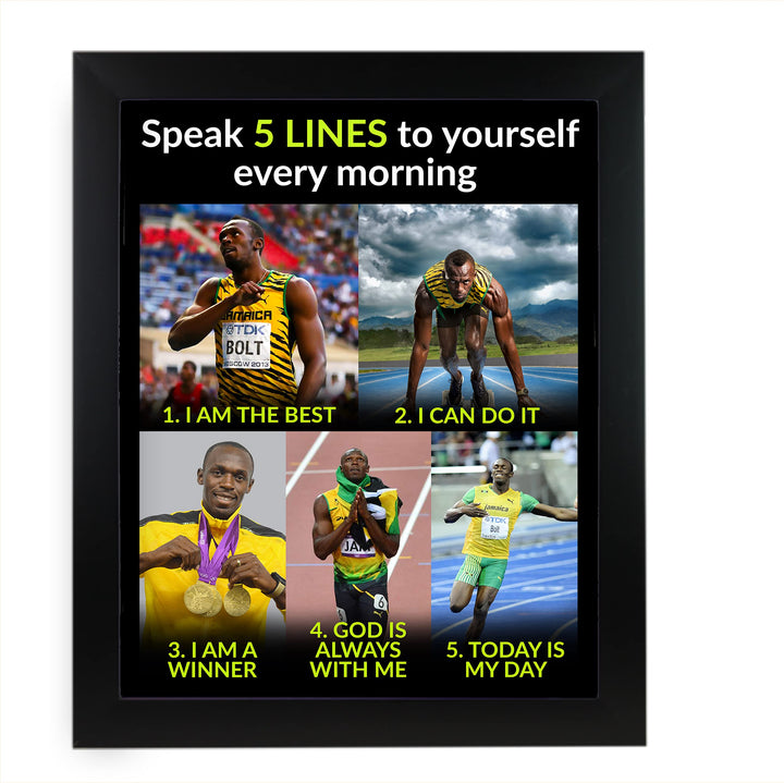 Usain Bolt Quotes-"Speak 5 Lines to Yourself Every Morning"-Motivational Wall Art-11 x 14" Inspirational Track &amp; Field Photo Print-Ready to Frame. Home-School-Gym-Locker Room Decor. Inspire Your Team!