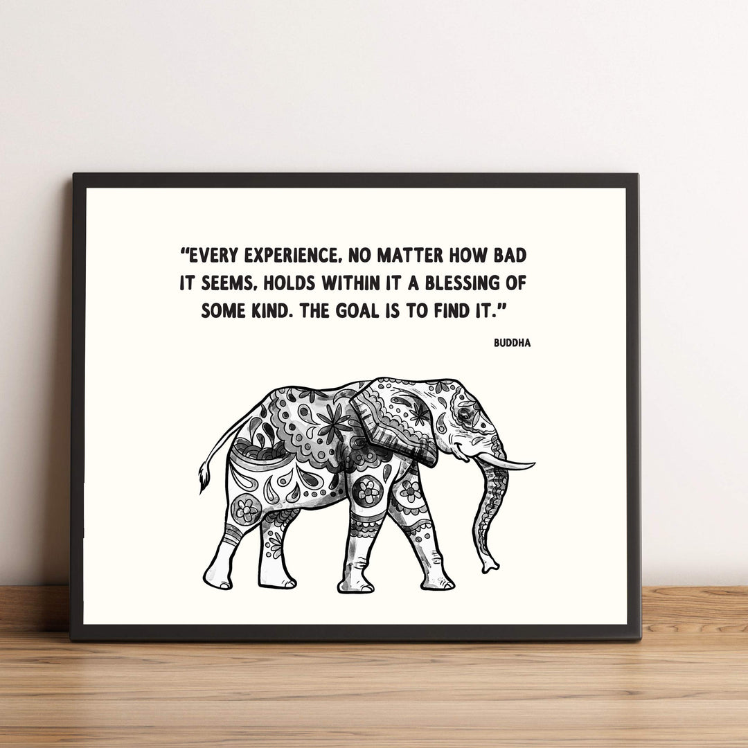 Buddha Quotes &amp; Elephant-Distressed Art Print -"Every Experience is a Blessing"- 8 x 10" Wall Print Art Print- Ready to Frame. Home D?cor, Studio &amp; Office D?cor. Perfect Gift for Buddhism-Inspiration.