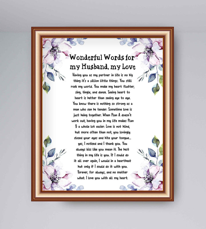 Wonderful Words for My Husband, My Love- Romantic Poem Wall Art Print- 8 x 10" Floral Typographic Print-Ready to Frame. Perfect for Spouses, Newlyweds, &amp; BFF&