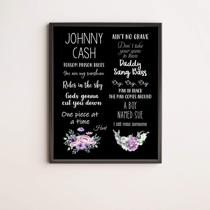 Johnny Cash-Greatest Hits Wall Art Sign -11 x 14" Song Titles Floral Poster Print -Ready to Frame. Rustic Decor for Home-Studio-Bar-Dorm-Cave. Great Gift for All Country Music Fans!