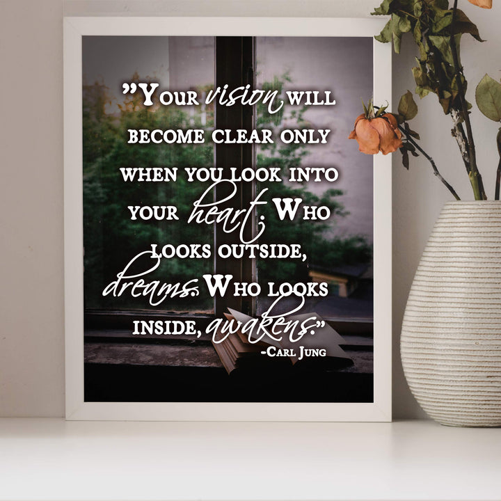 Carl Jung Quotes Wall Art-"Who Looks Outside Dreams-Who Looks Inside Awakens"- 8 x 10"-Typographic Photo Print-Ready to Frame. Home-Office-Classroom Decor. Great Philosophical &amp; Inspirational Sign!