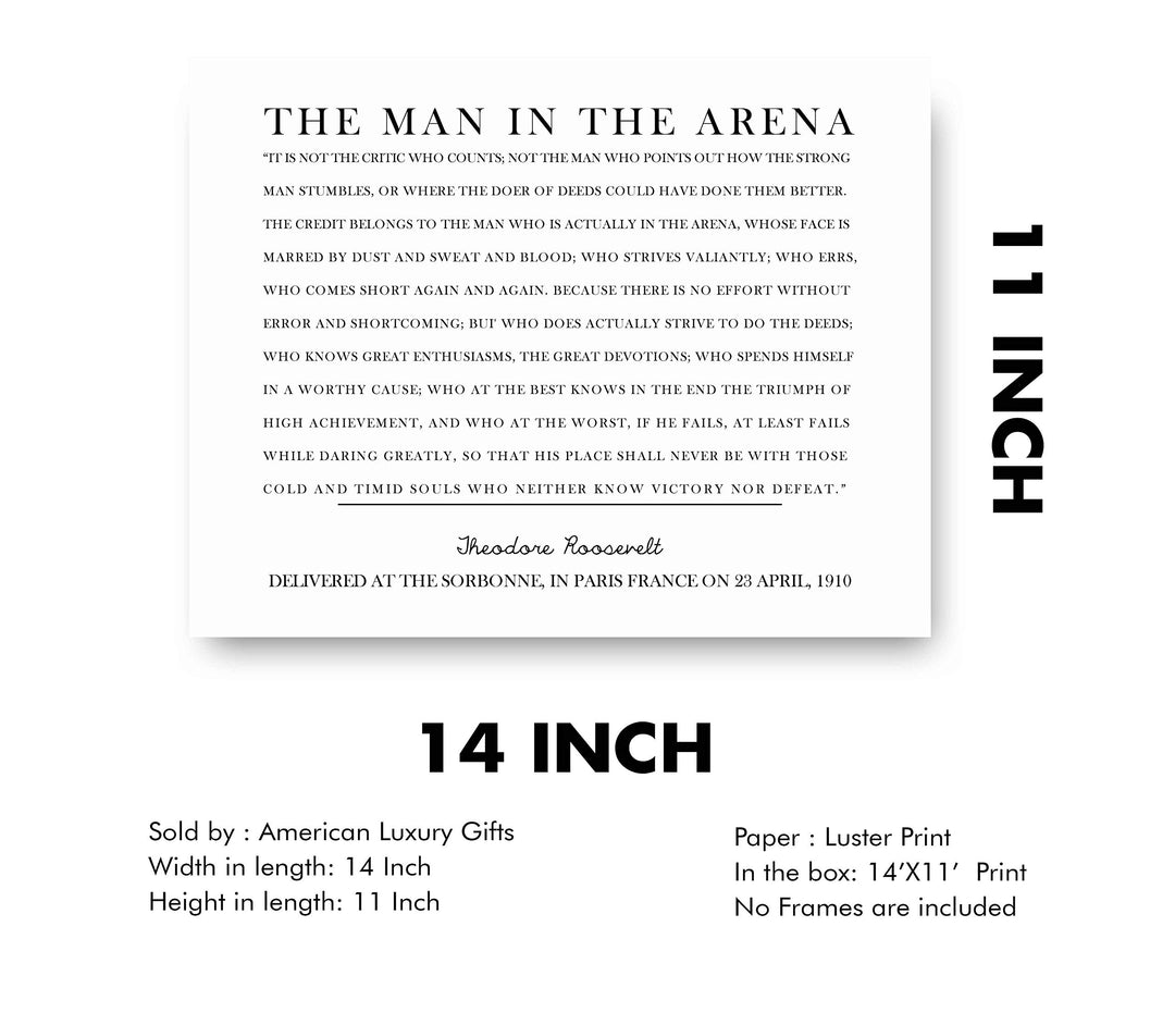 Teddy Roosevelt Quotes-"The Man in the Arena"-Inspirational Quote Wall Art Sign-14 x 11" Motivational Poster Print-Ready to Frame. Ideal Home-Office-Classroom-Library D?cor. Great Gift of Leadership!