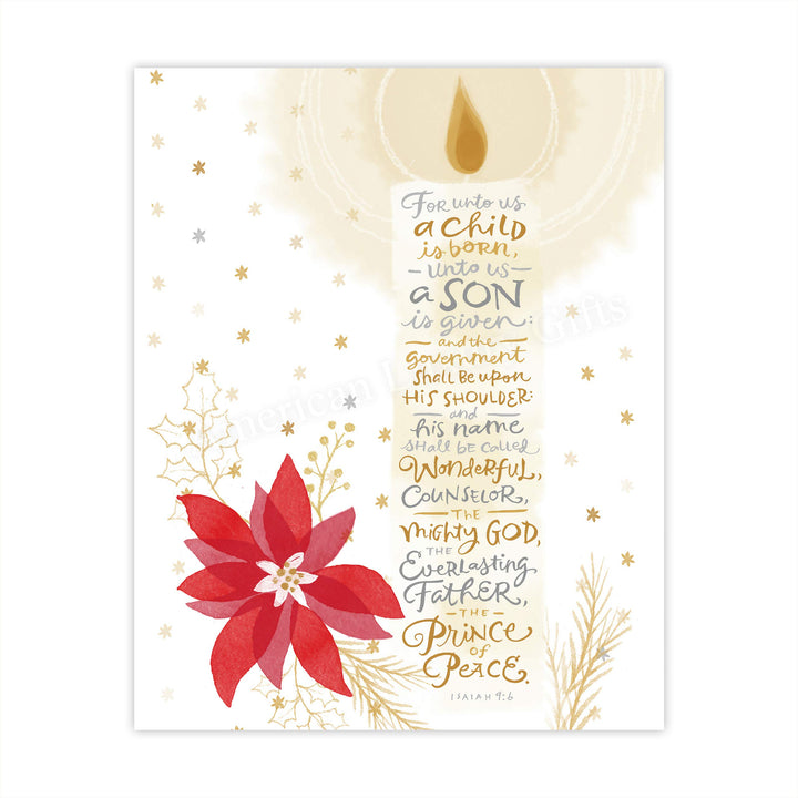 ?For Unto Us a Child Is Born-The Prince of Peace? -Isaiah 9:6 -Bible Verse Wall Art-8 x 10" -Typographic Candle Design w/Poinsettia-Ready to Frame. Scripture Print Ideal for Home-Office-Church D?cor.
