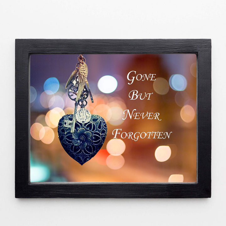 Gone But Never Forgotten-Inspirational Wall Art Decor -10 x 8" Memorial Poster Print w/Heart, Key, and Angel Wing Images-Ready to Frame. Loving, Sentimental Keepsake for Family and Friends.