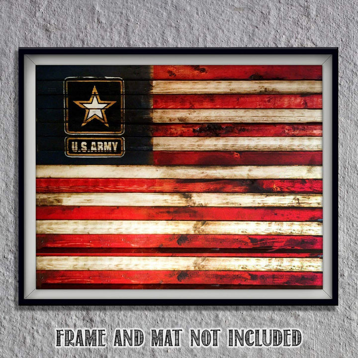 US Army Logo on USA Flag- Rustic Poster Print- 10 x 8"- Wall Art Prints- Ready To Frame- Distressed Flag Sign Replica Print. Home-Office-Military Decor. Display Your Pride &amp; Honor and Be Army Strong.