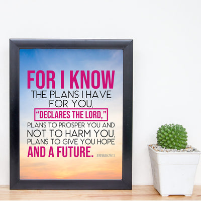 Jeremiah 29:11-"I Know the Plans I Have For You"- Bible Verse Wall Art- Christian Wall Decor- 8 x 10"-Scripture Sunset Picture Print- Ready to Frame. Home-Office Decor. Great Christian Gift of Faith!