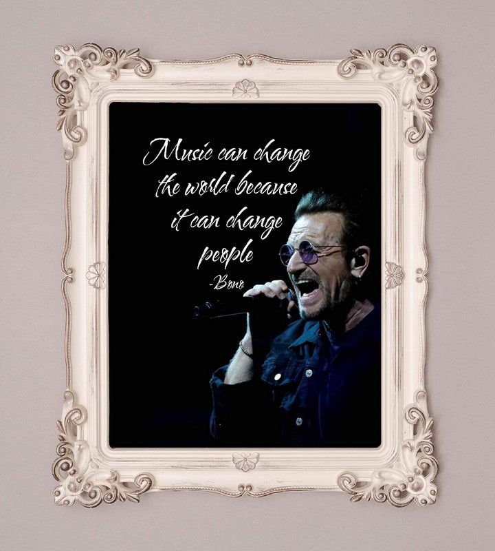 Bono-"Music Can Change the World-People"-Inspirational Quotes Wall Art-8 x 10" Retro Typographic Silhouette Print-Ready to Frame. Home-Office-Studio-Bar-Cave Decor. Perfect for U2 &amp; All Rock Fans!