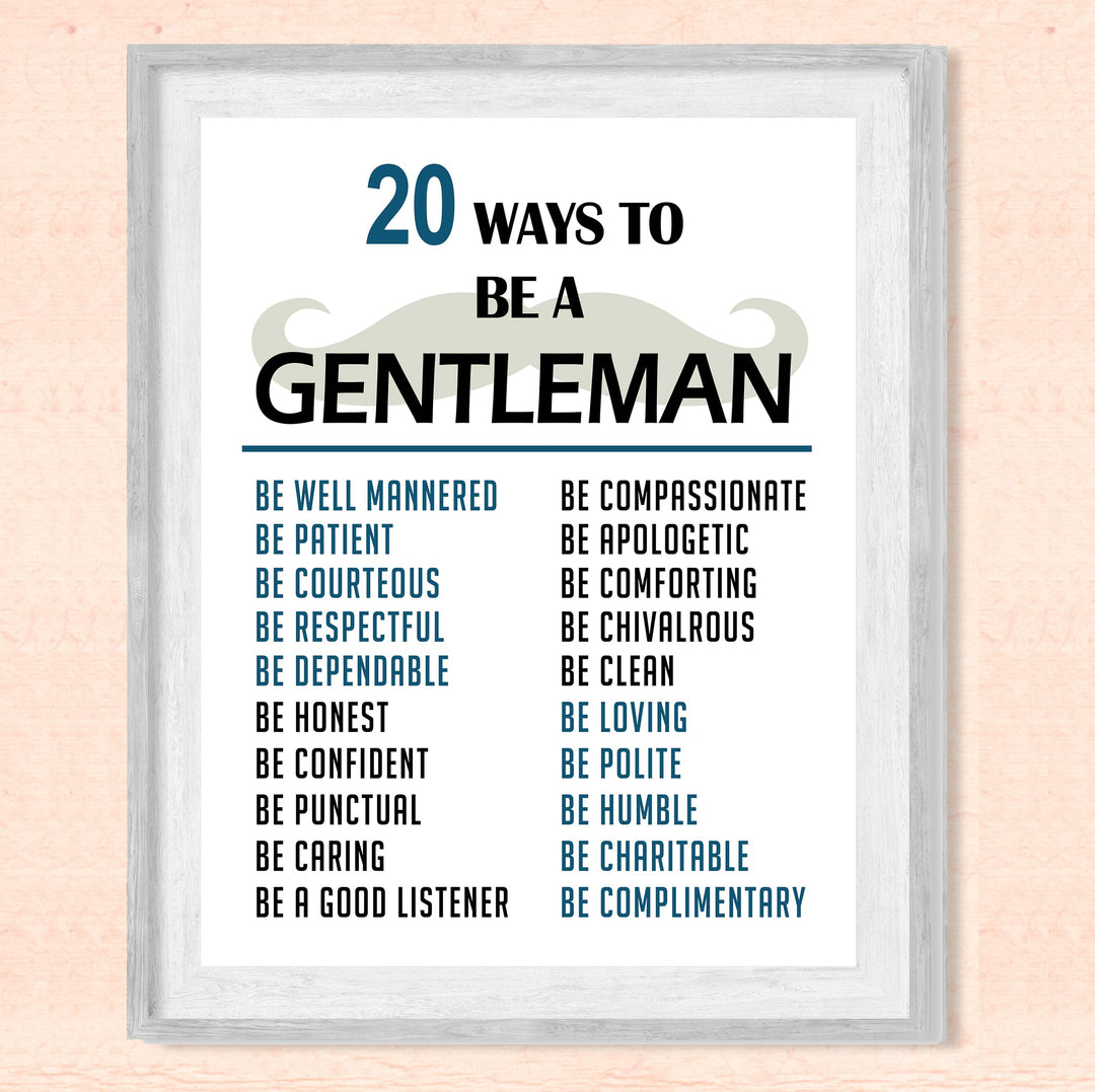 20 Ways To Be A Gentleman Motivational Wall Art for Men, Boys -8 x 10" Typographic Mustache Print -Ready to Frame. Inspirational Home-Office-Man Cave-School Decor. Great Advice for All Gentlemen!
