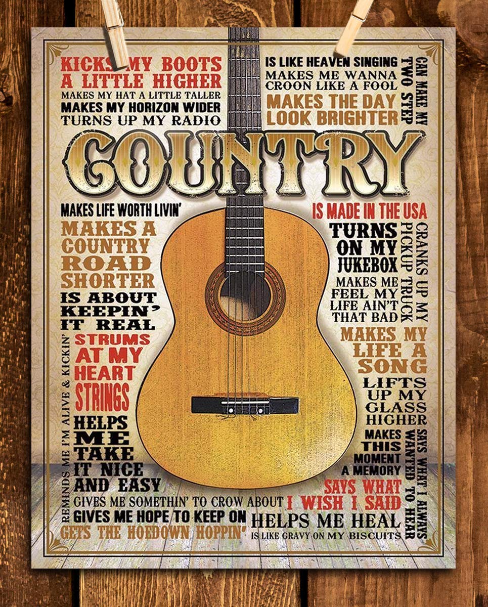 Country Music- Guitar Quotes Wall Art- 8 x 10 Funny Wall Print- Ready To Frame- Typography Print of Fun Country Music Sayings. Home Decor- Bar- Man Cave Decor. Perfect for All Country Music Fans.