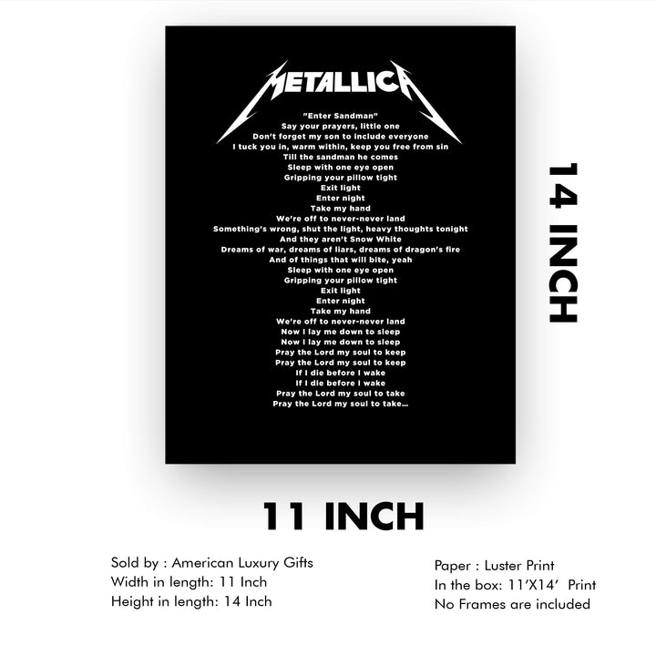Metallica-"Enter Sandman" Song Lyrics Wall Art-11 x 14" Typographic Music Print-Ready to Frame. Vintage Home-Office-Studio-Bar-Cave Decor. Perfect Gift for Metallica &amp; All Rock Music Fans!