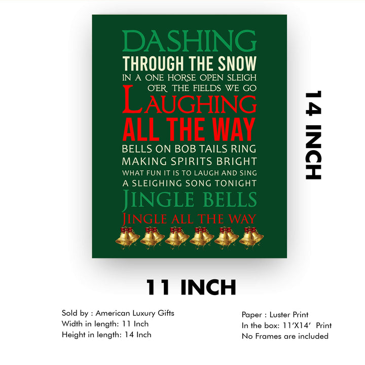 Dashing Through the Snow Christmas Song Wall Art Decor -11 x 14" Holiday Music Wall Print -Ready to Frame. Typographic Home-Welcome-Kitchen-Farmhouse-Winter Decor. Festive Decoration &amp; Great Gift!
