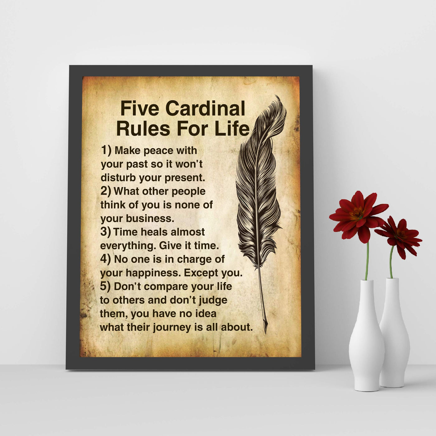 Five Cardinal Rules For Life-Inspirational Wall Art -8 x 10" Distressed Parchment Print-Ready to Frame. Motivational Decor For Home-Office-School. Great Reminders To Find Happiness & Inspiration!