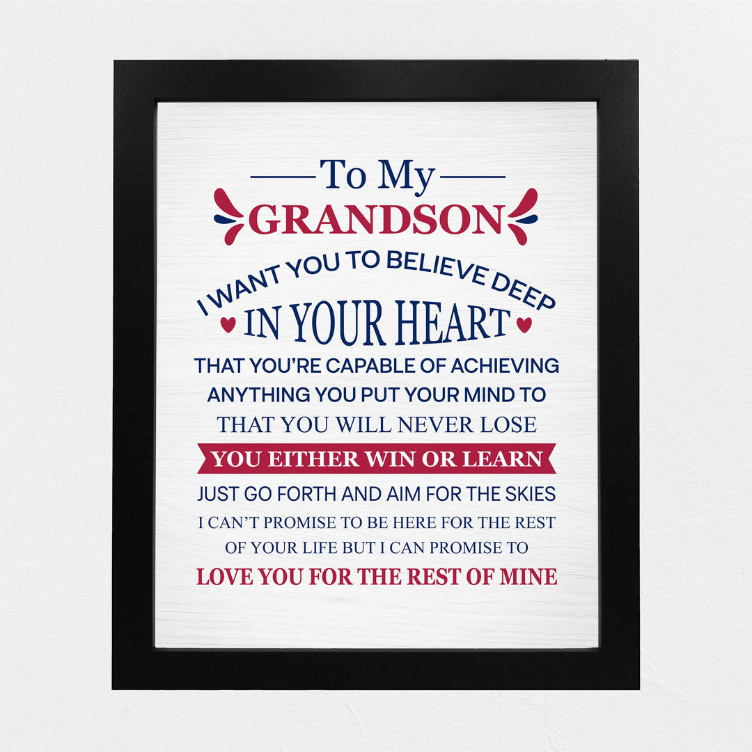 "To My Grandson - Win or Learn" Inspirational Love &amp; Family Wall Decor -8 x 10" Rustic Typographic Art Print -Ready to Frame. Home-Living Room-Office Decoration. Perfect Gift for Grandsons!