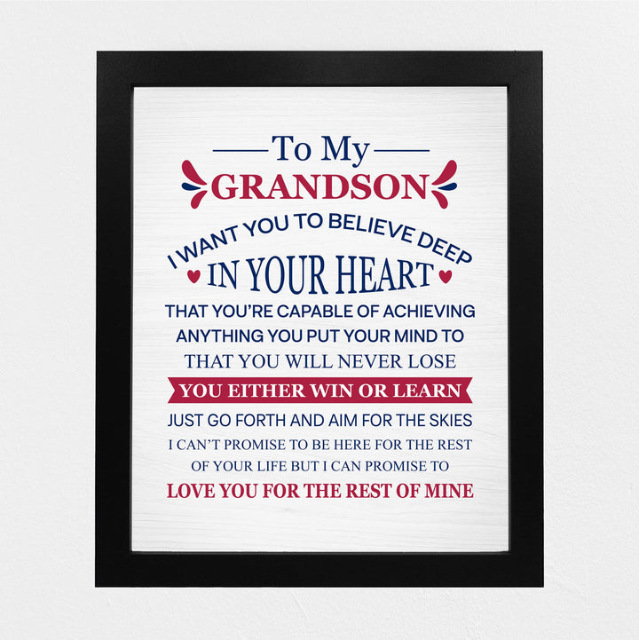 "To My Grandson - Win or Learn" Inspirational Love &amp; Family Wall Decor -8 x 10" Rustic Typographic Art Print -Ready to Frame. Home-Living Room-Office Decoration. Perfect Gift for Grandsons!