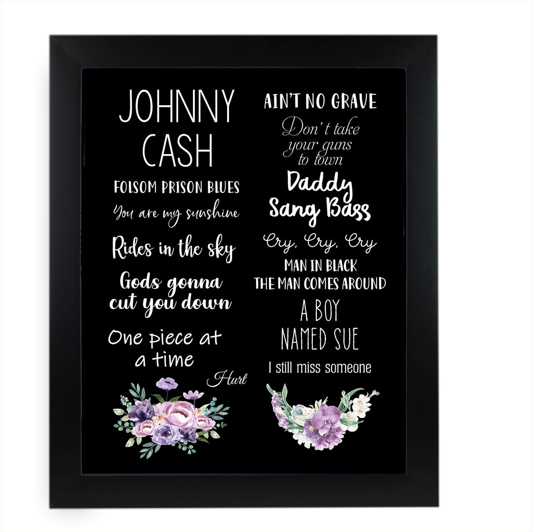 Johnny Cash-Greatest Hits Wall Art Sign -11 x 14" Song Titles Floral Poster Print -Ready to Frame. Rustic Decor for Home-Studio-Bar-Dorm-Cave. Great Gift for All Country Music Fans!
