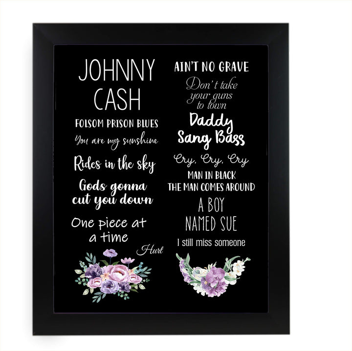 Johnny Cash-Greatest Hits Wall Art Sign -11 x 14" Song Titles Floral Poster Print -Ready to Frame. Rustic Decor for Home-Studio-Bar-Dorm-Cave. Great Gift for All Country Music Fans!