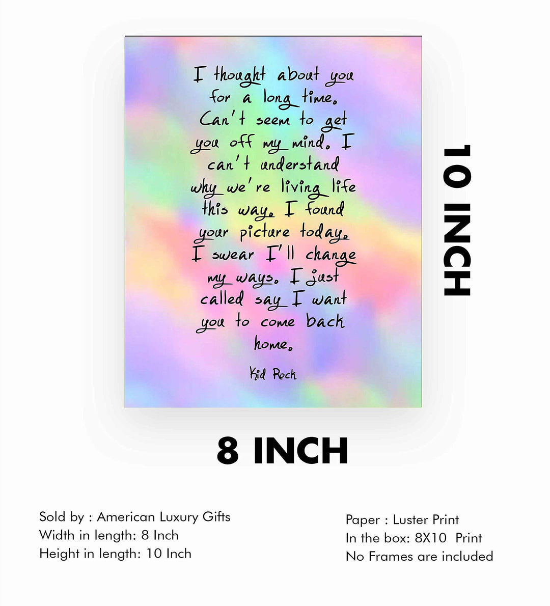Kid Rock &amp; Sheryl Crow-"Picture" Song Lyrics Wall Art Sign -8 x 10" Rock Music Poster Print-Ready to Frame. Greatest Hits Album Songs. Perfect Home-Studio-Bar-Fan Decor. Great Gift to Rekindle Love!